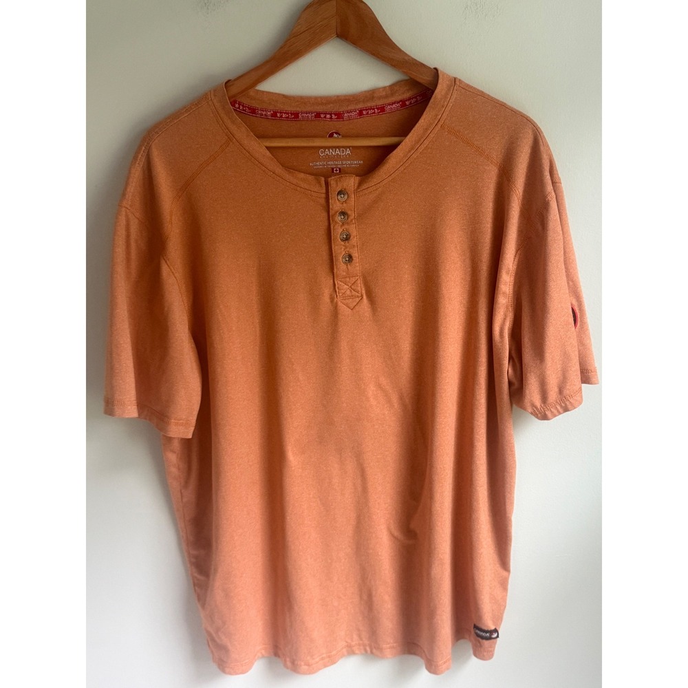 Canada Weathergear Mens XL Henley Shirt Short Sleeve Orange Heathered Casual Tee